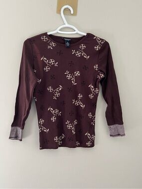 American Eagle Brown Floral Ribbed Long Sleeve Top Medium Cotton